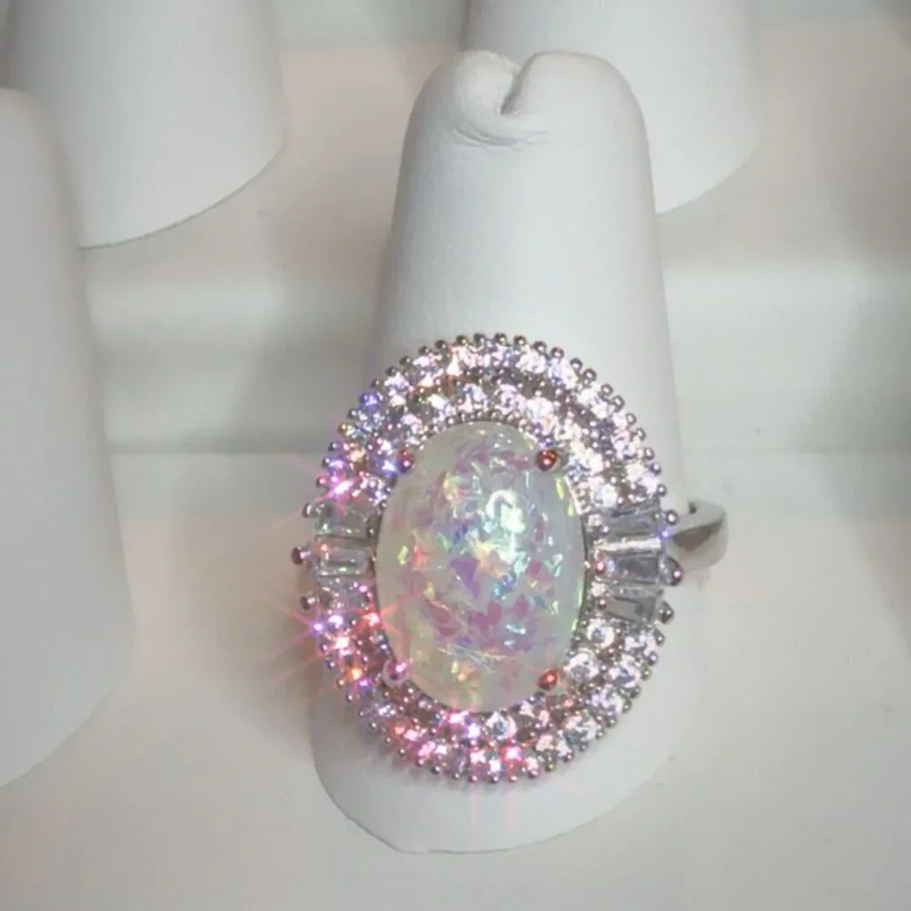 Opal Cocktail Ring With CZ Halo Rhodium Size 6